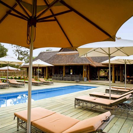 Terrasse avec piscine et parasols à la Réserve de Fathala.