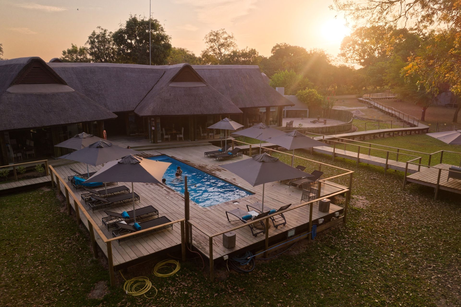 Drone shot of Fathala Reserve's pool area